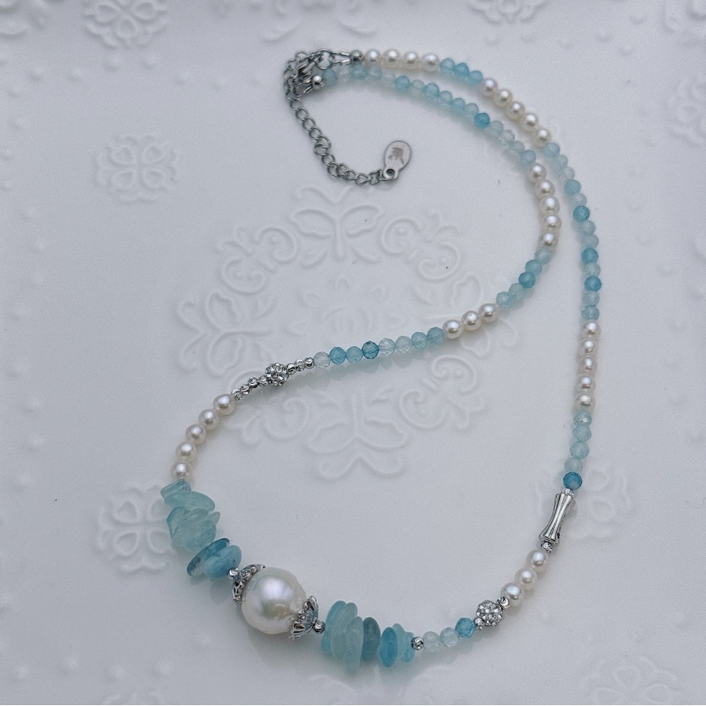 X282 Handmade Freshwater Baroque Pearl Aqua Marine Necklace